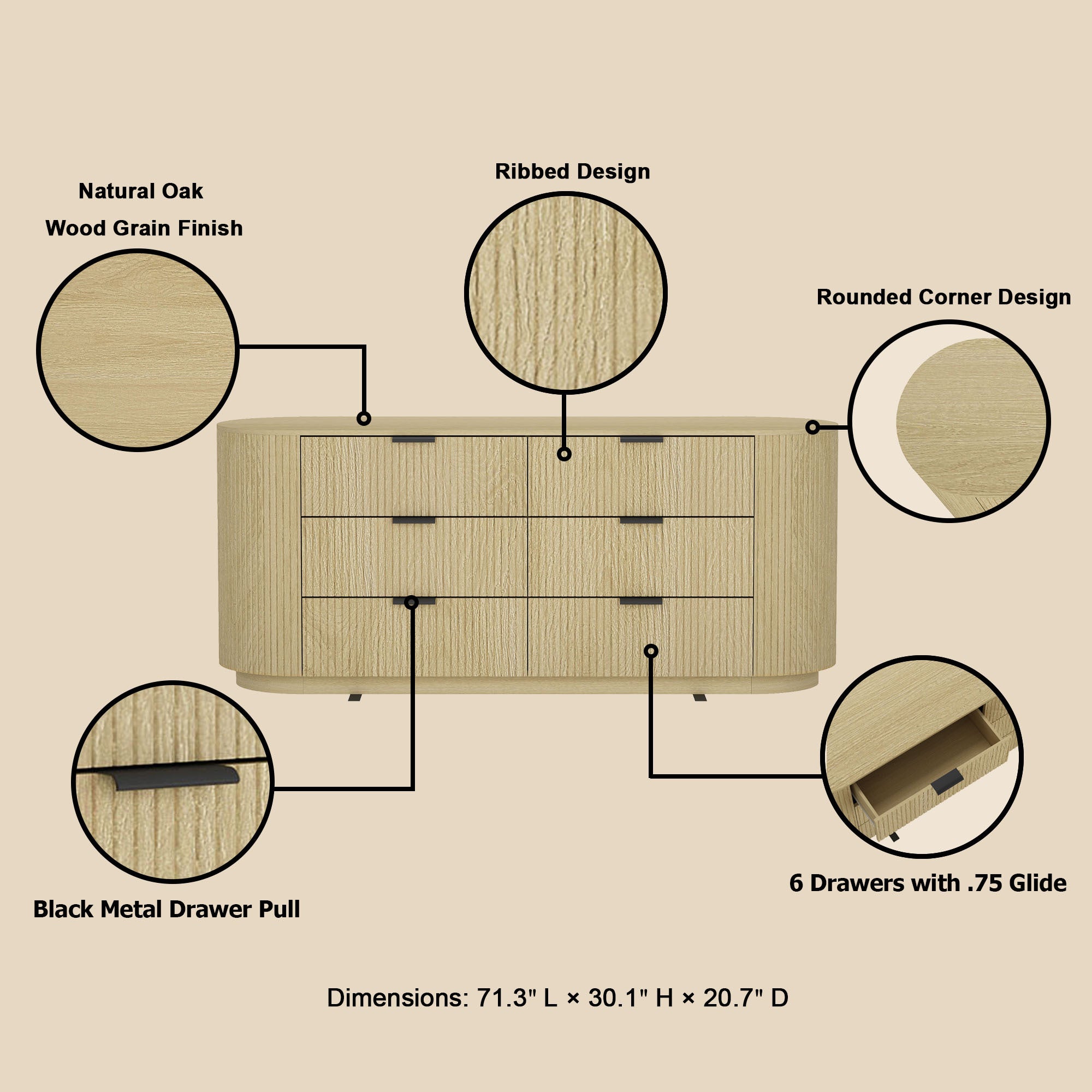 Olivia 71.3" Natural Oak & Gold Double Dresser | Modern Solid Wood Storage Chest | MidinMod
