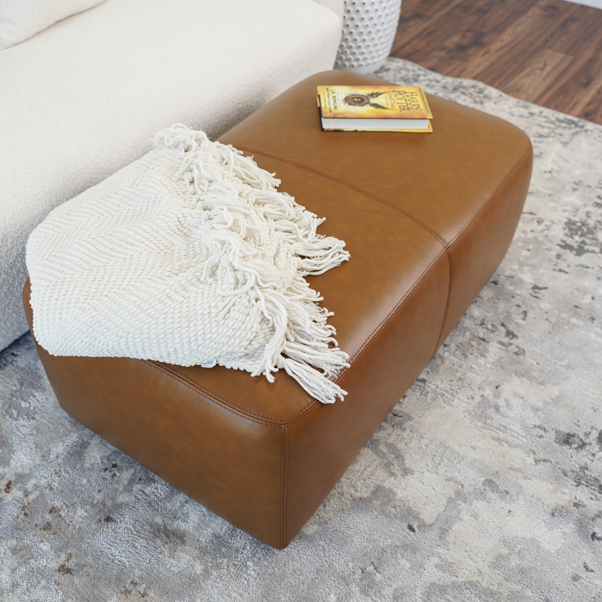 Inglewood Tan Leather Ottoman - MidinMod