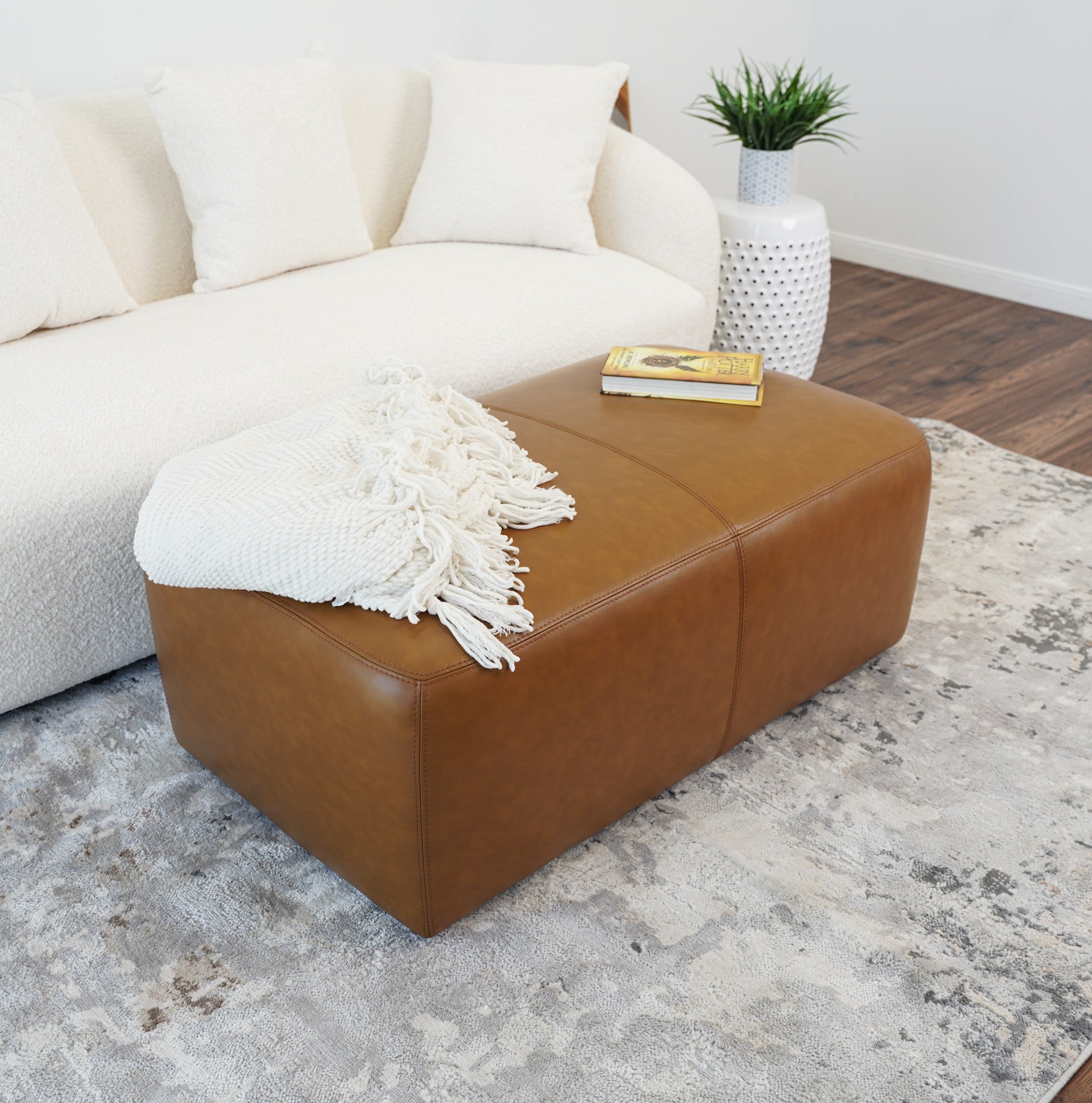Inglewood Tan Leather Ottoman - MidinMod