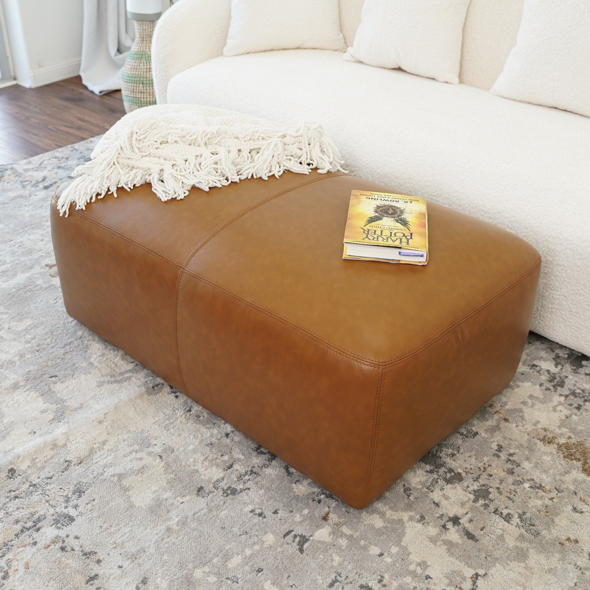 Inglewood Tan Leather Ottoman - MidinMod
