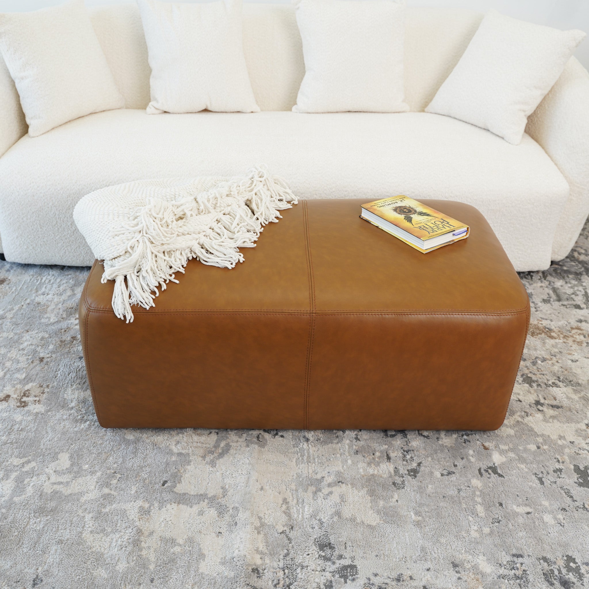Inglewood Tan Leather Ottoman - MidinMod