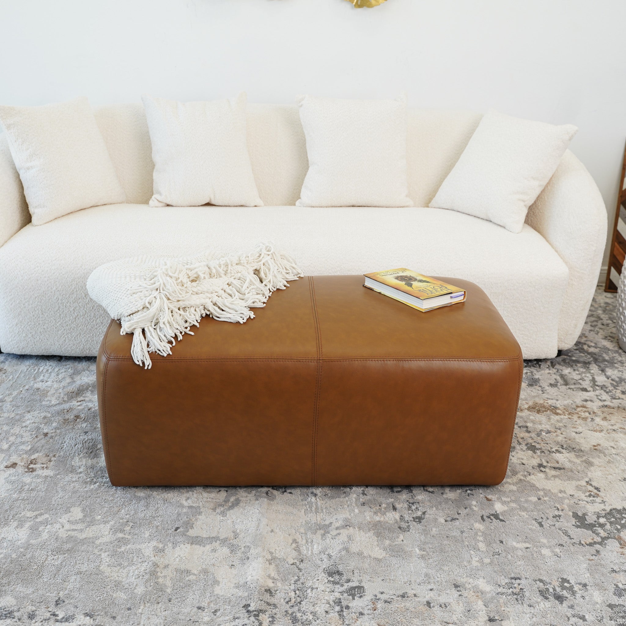 Inglewood Tan Leather Ottoman - MidinMod