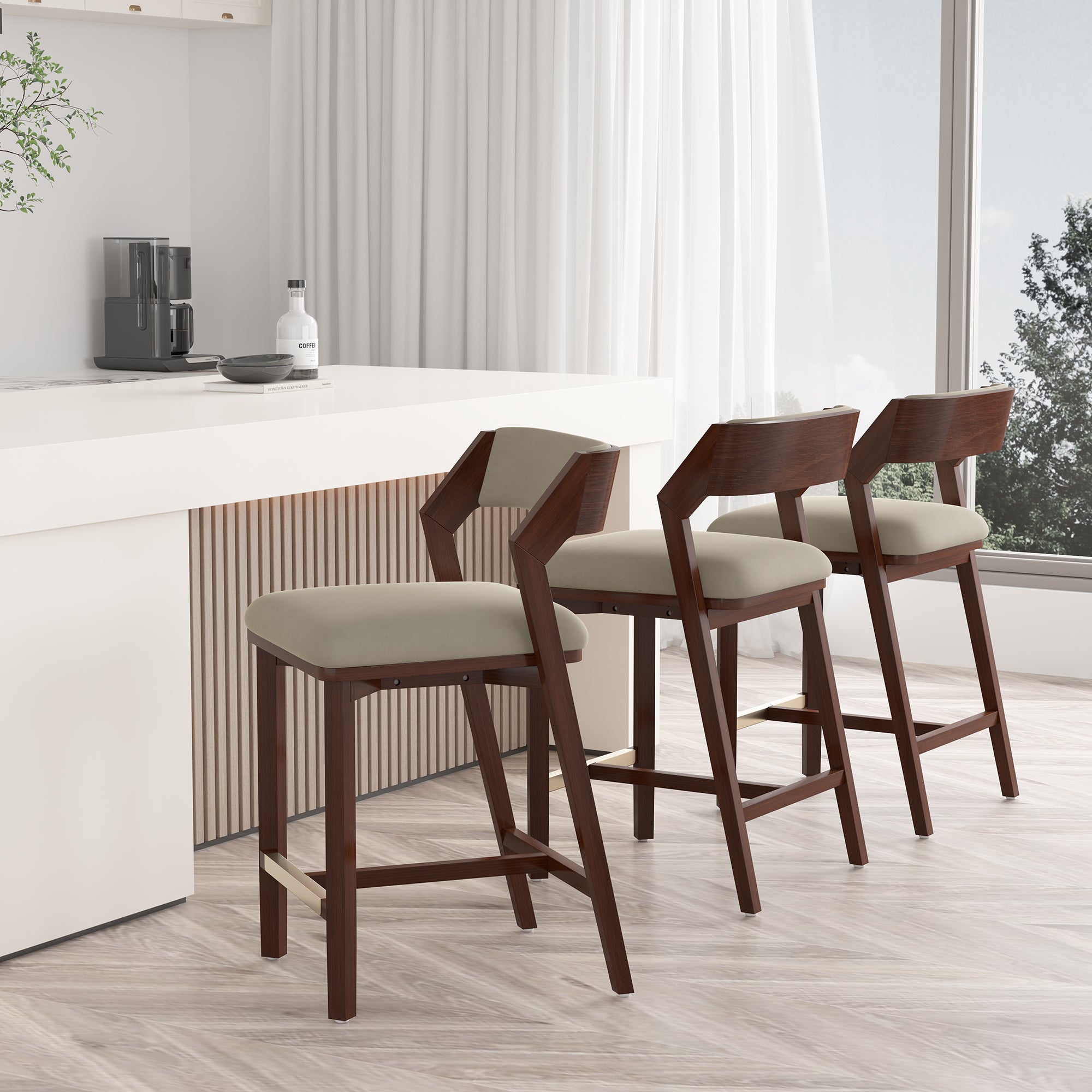 Patricia Velvet Modern Counter Stool with Backrest - Linen | MidinMod