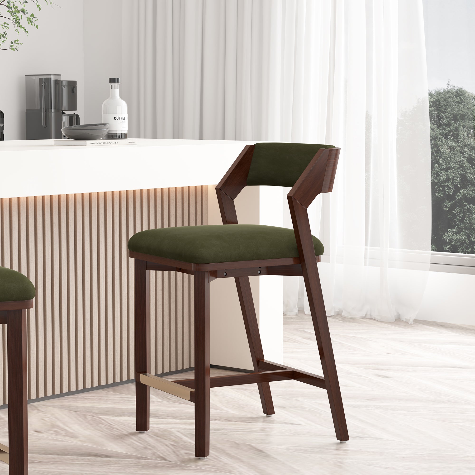 Patricia Velvet Counter Stool with Backrest - Turtle Green | MidinMod