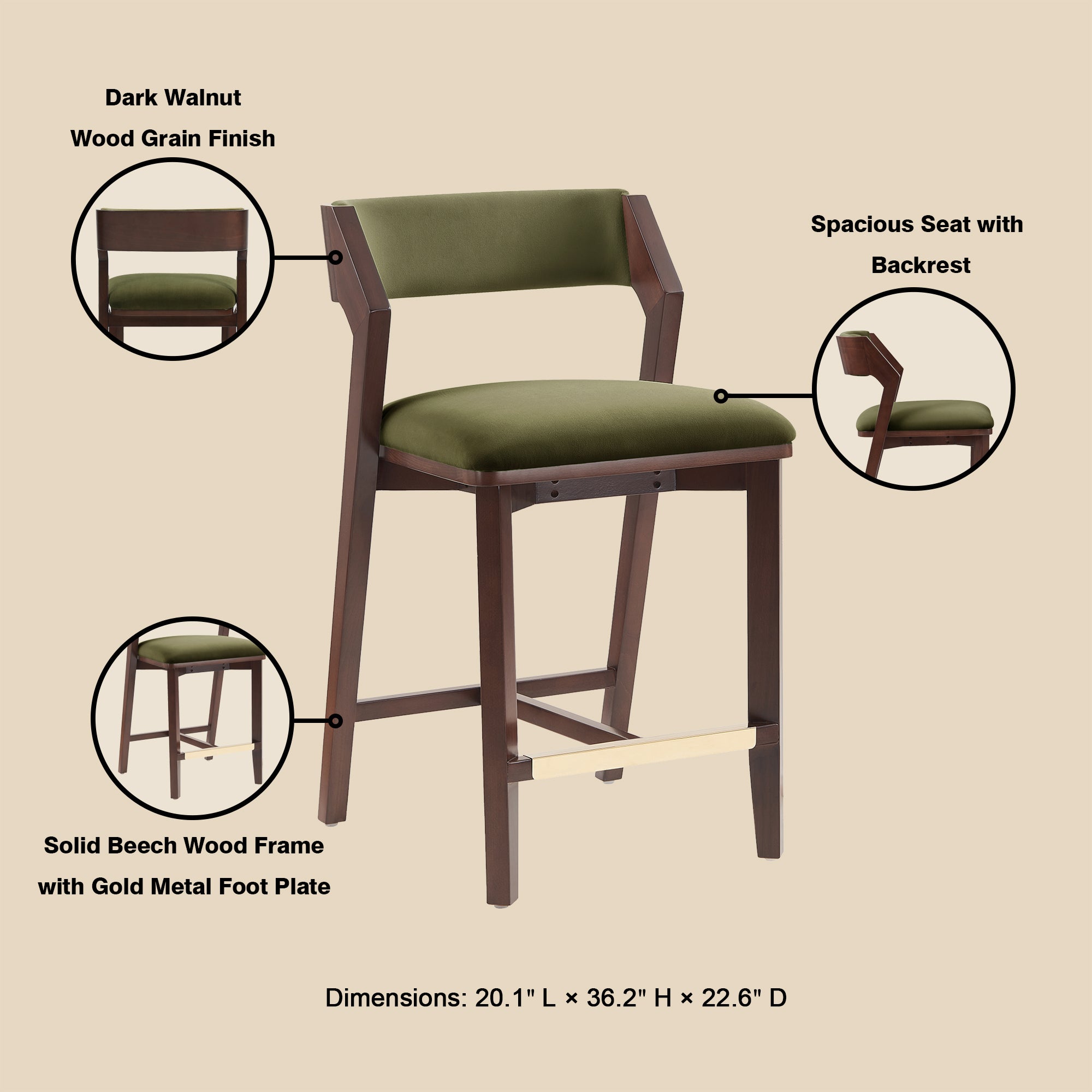 Patricia Velvet Counter Stool with Backrest - Turtle Green | MidinMod