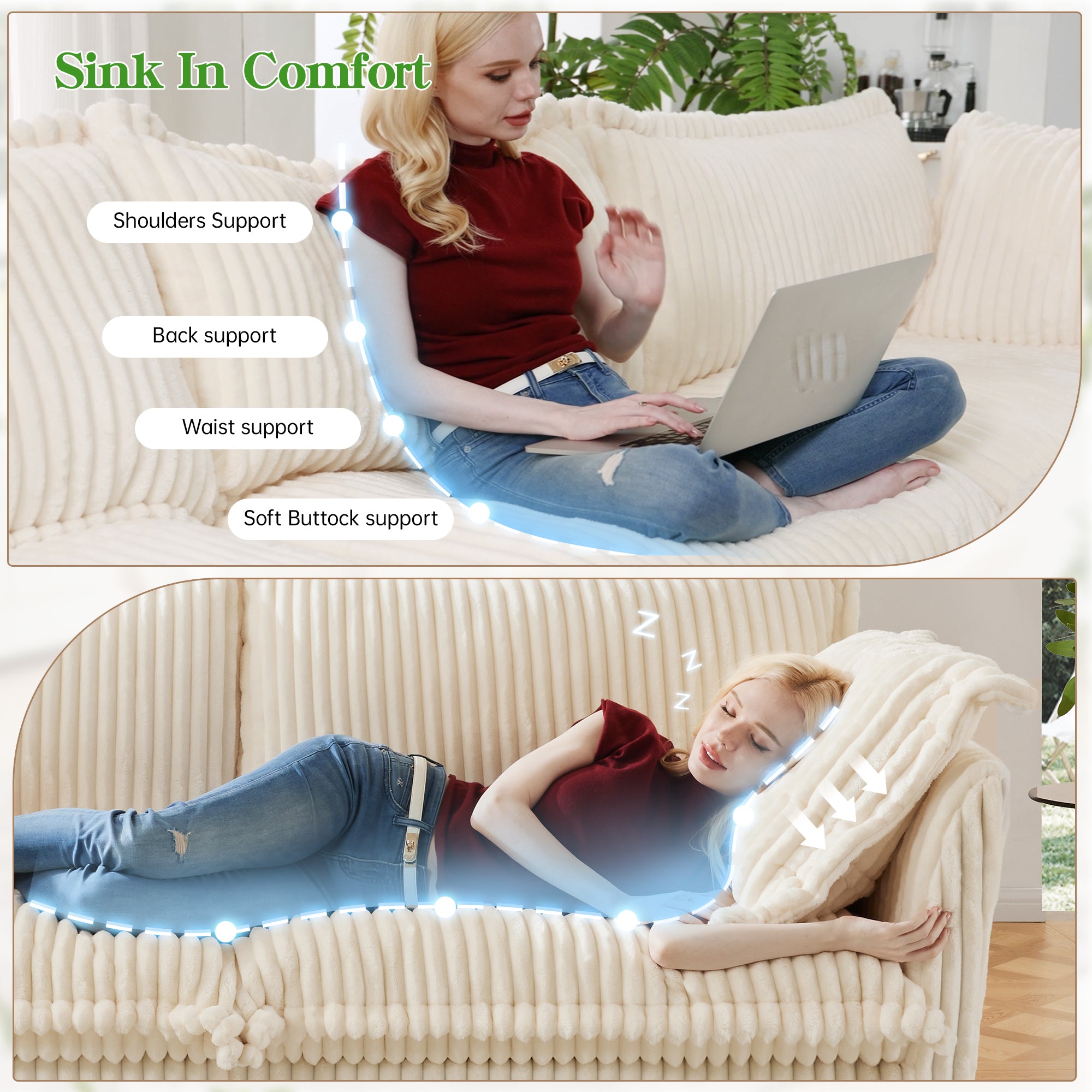 Pierce Modern Cream Corduroy 3-Seater Cloud Sofa - MidinMod