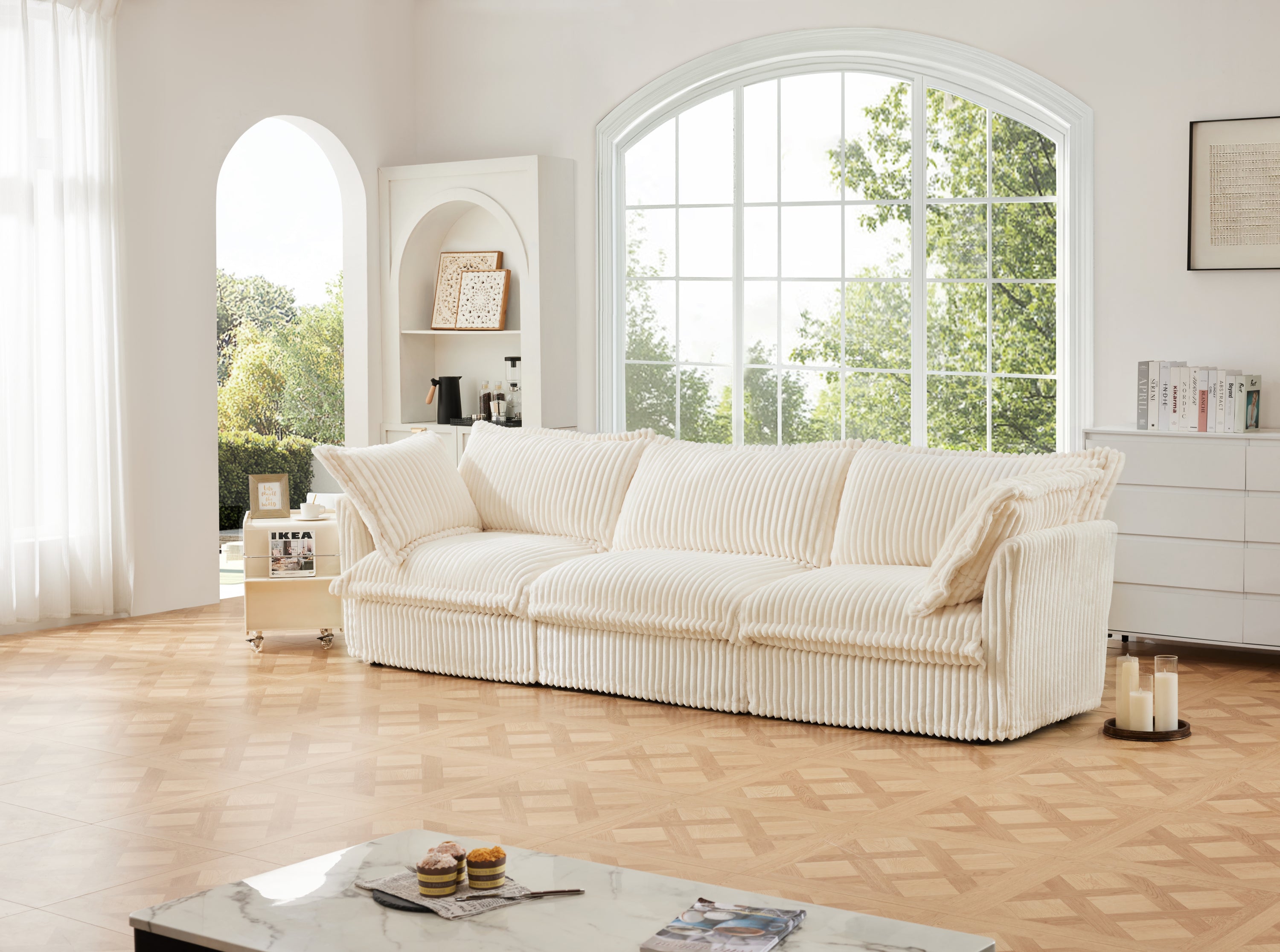 Pierce Modern Cream Corduroy 3-Seater Cloud Sofa - MidinMod