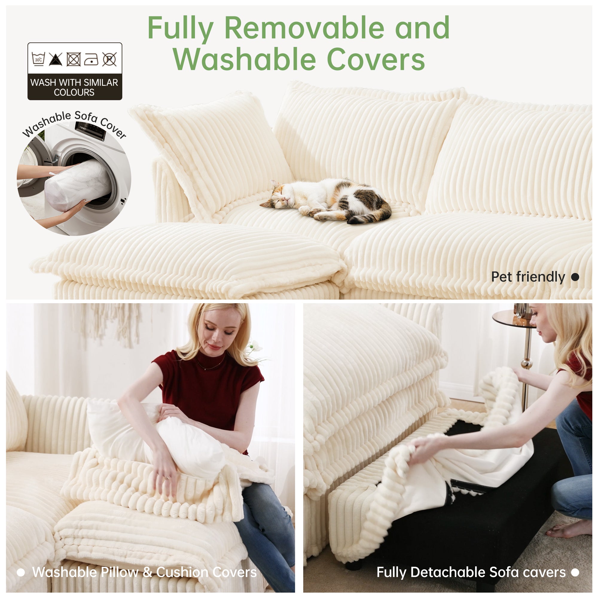 Pierce Modern Cream Corduroy 3-Seater Cloud Sofa - MidinMod
