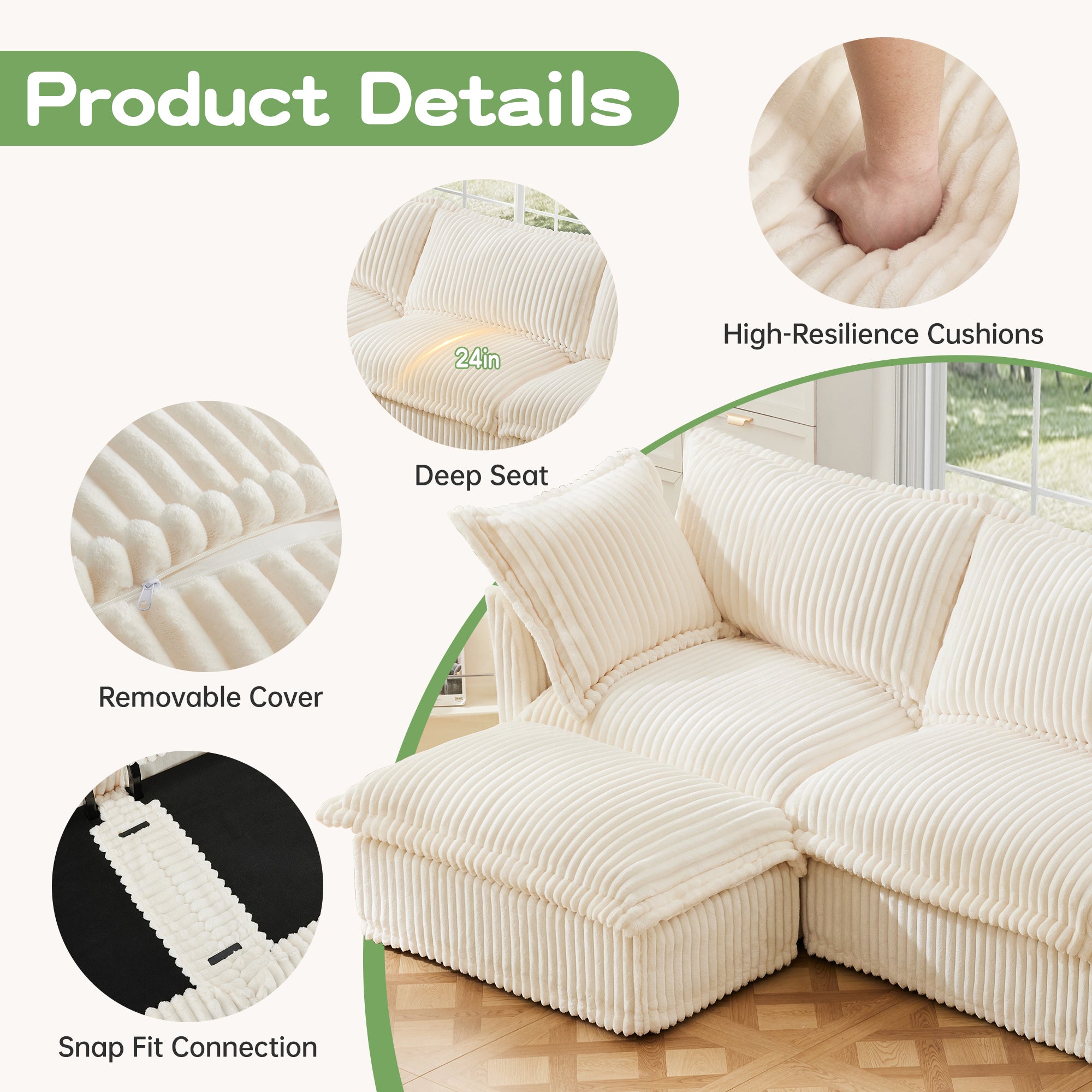 Pierce Modern Cream Corduroy 3-Seater Cloud Sofa - MidinMod
