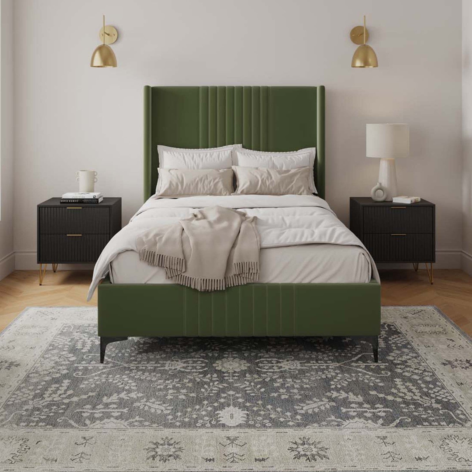 Promenade 53" Bed in Moss Green | Modern Upholstered Velvet Platform Bed | MidinMod