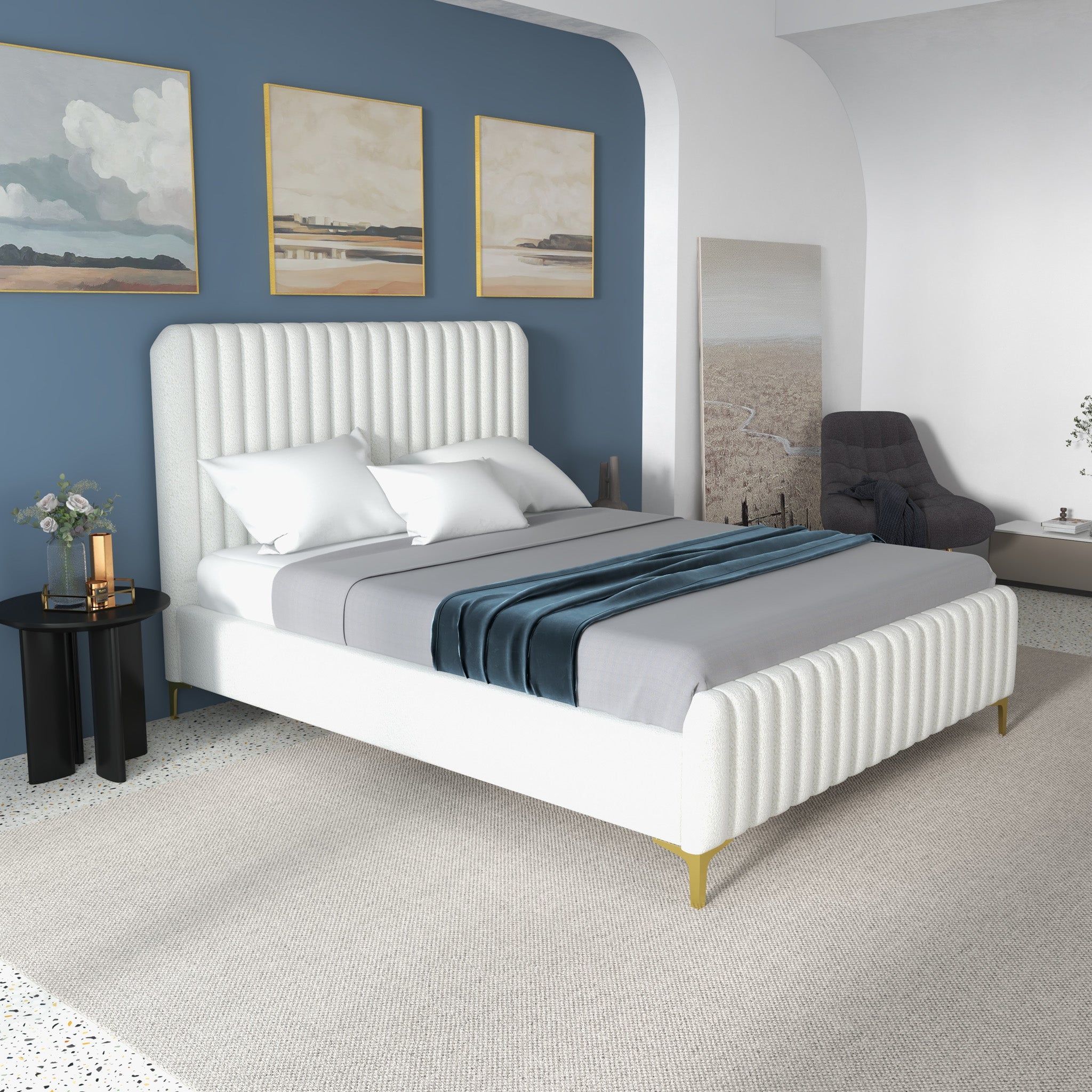 Angela Queen Cream Boucle Platform Bed - MidinMod