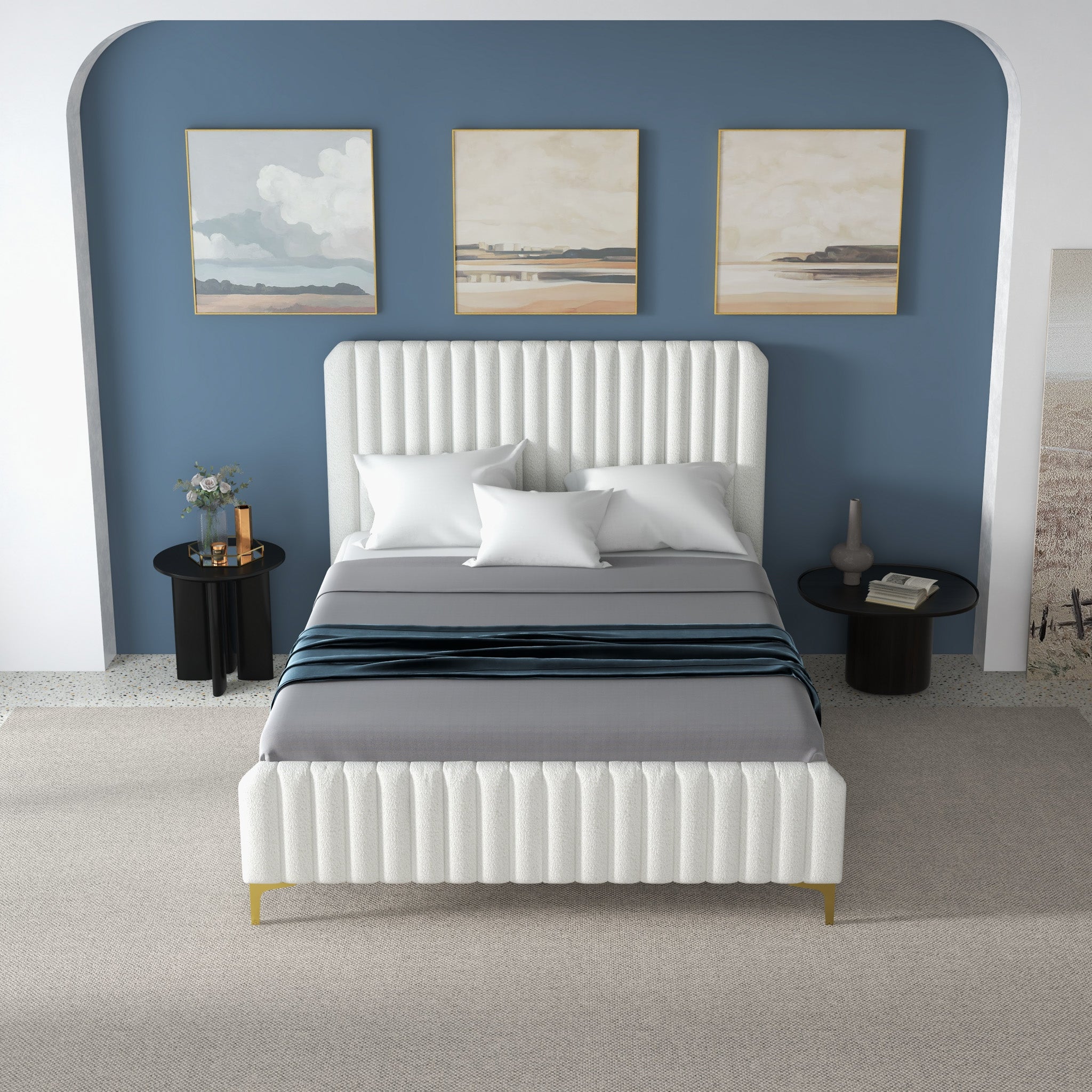 Angela Queen Cream Boucle Platform Bed - MidinMod
