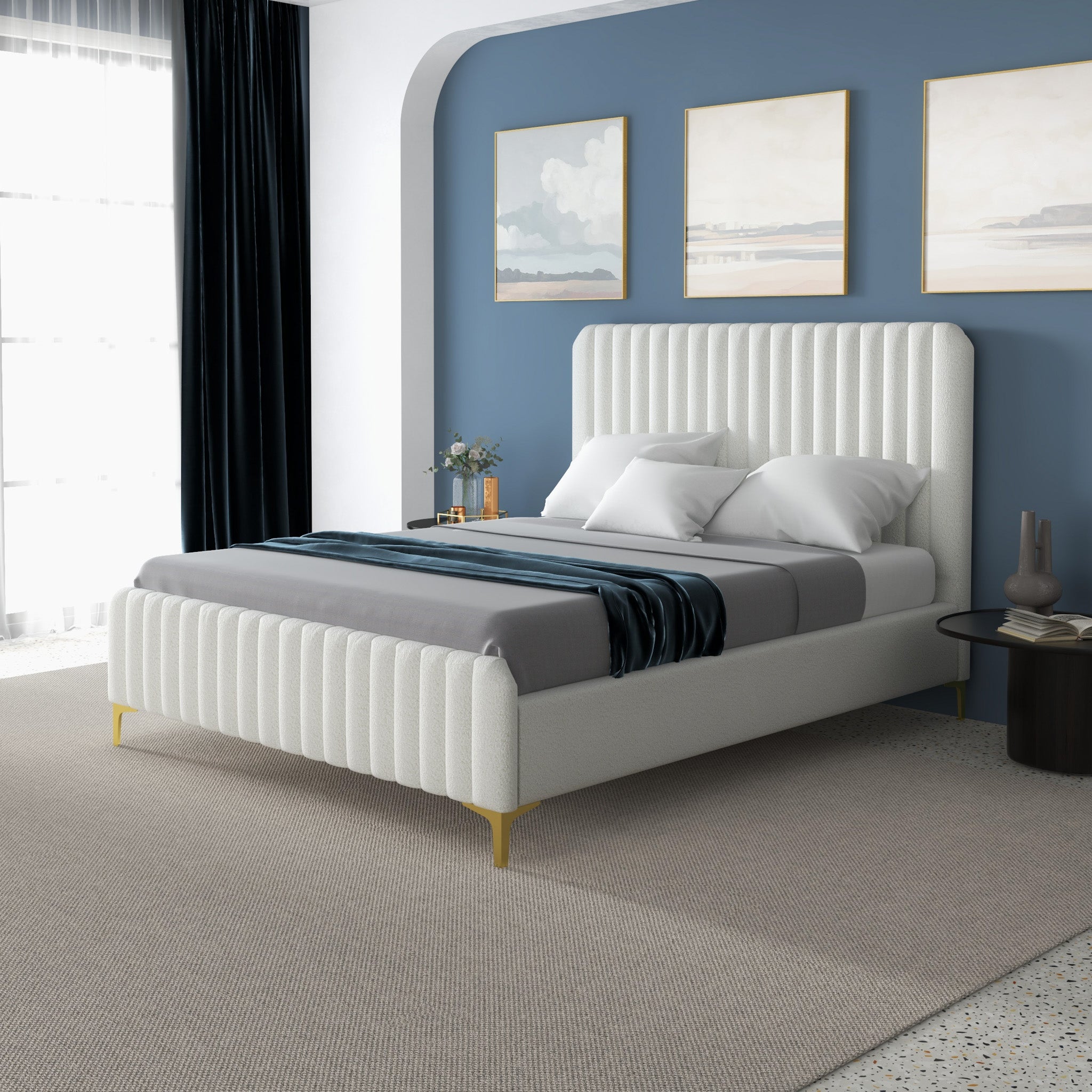 Angela Queen Cream Boucle Platform Bed - MidinMod