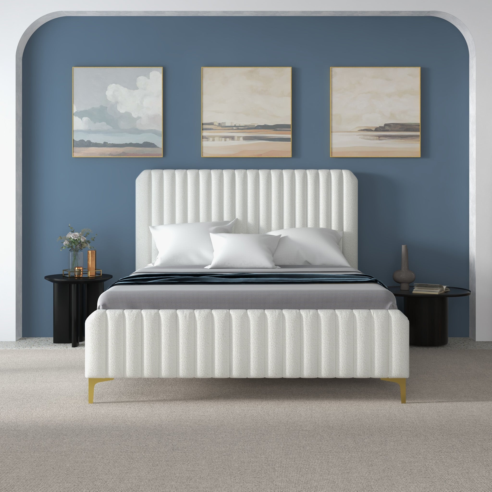 Angela Queen Cream Boucle Platform Bed - MidinMod