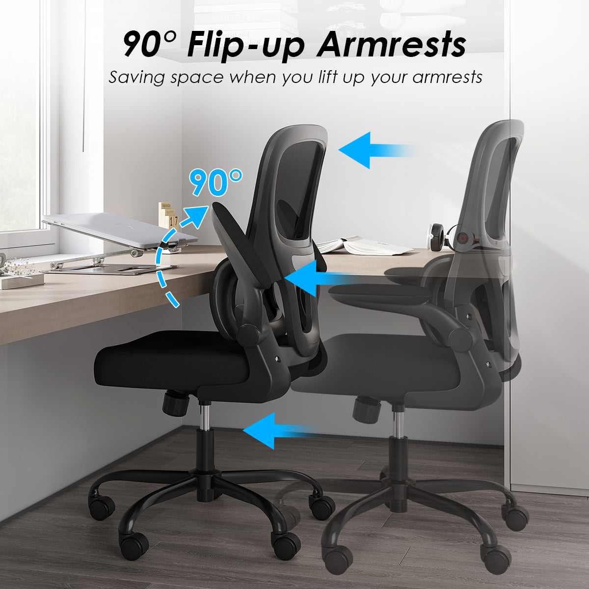 Render Ergonomic Black Mesh Office Chair with Lumbar Support and Flip-Up Arms - MidinMod