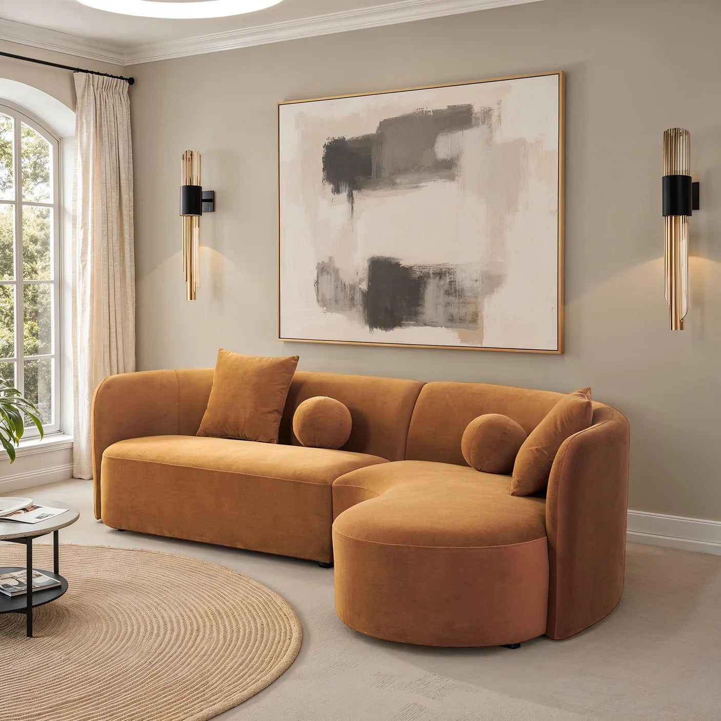 Revello Caramel Brown Sectional | Contemporary Solid Wood Chenille Sectional Sofa | MidinMod