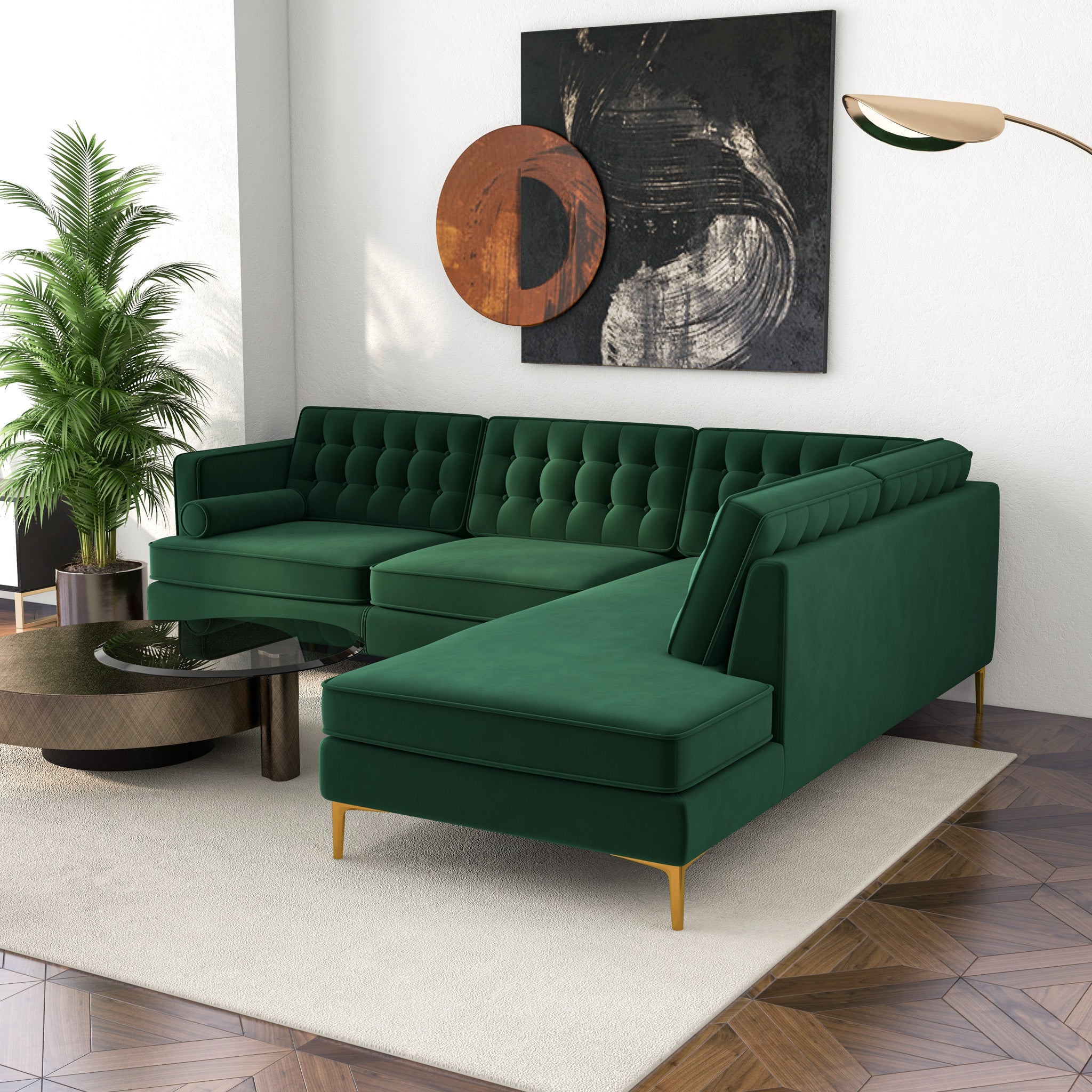 Caleb Sectional Sofa Green Velvet Right Chaise - MidinMod