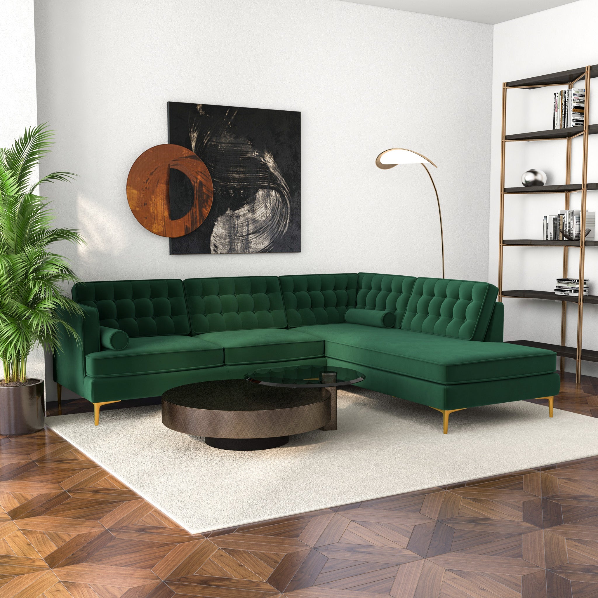 Caleb Sectional Sofa Green Velvet Right Chaise - MidinMod