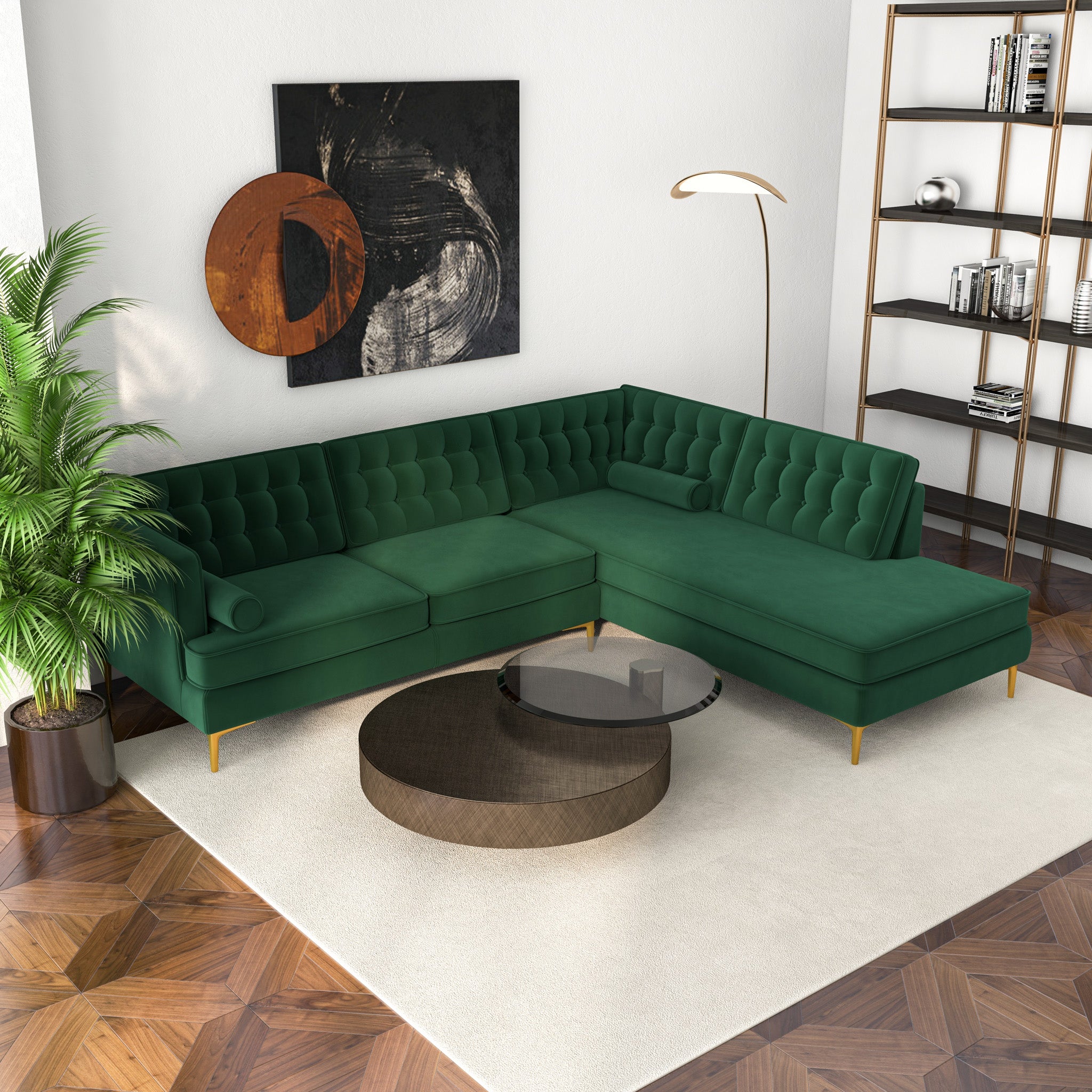 Caleb Sectional Sofa Green Velvet Right Chaise - MidinMod