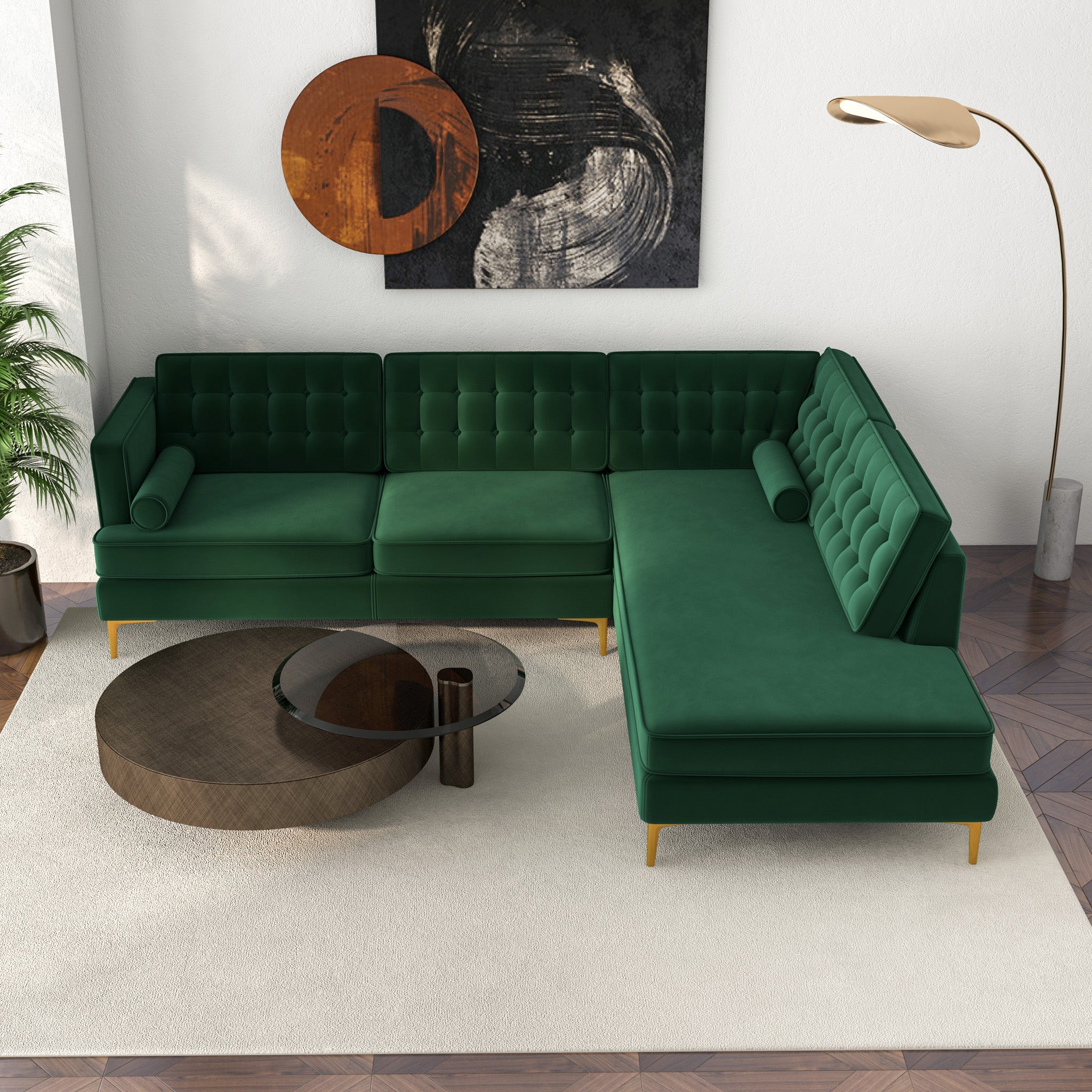 Caleb Sectional Sofa Green Velvet Right Chaise - MidinMod