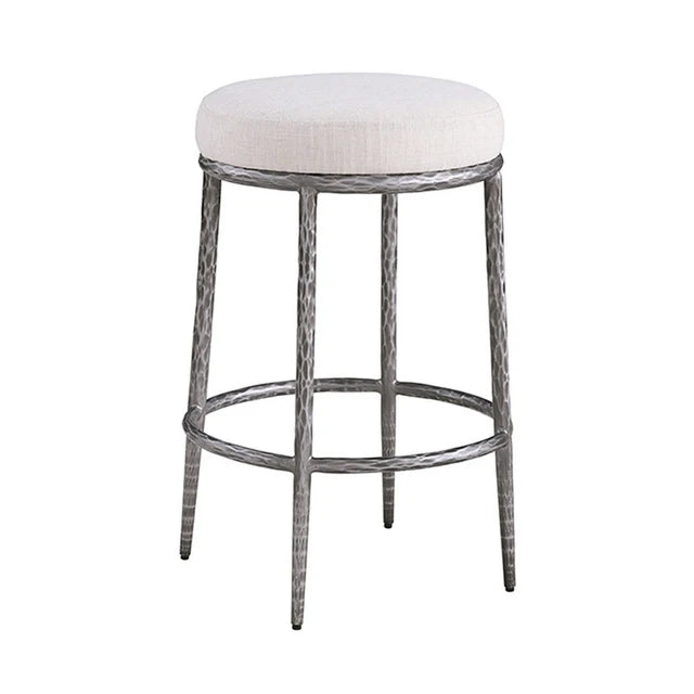 Rilva Contemporary Gunmetal 26.5-Inch Backless Round Counter Height Stool with Linen White Fabric