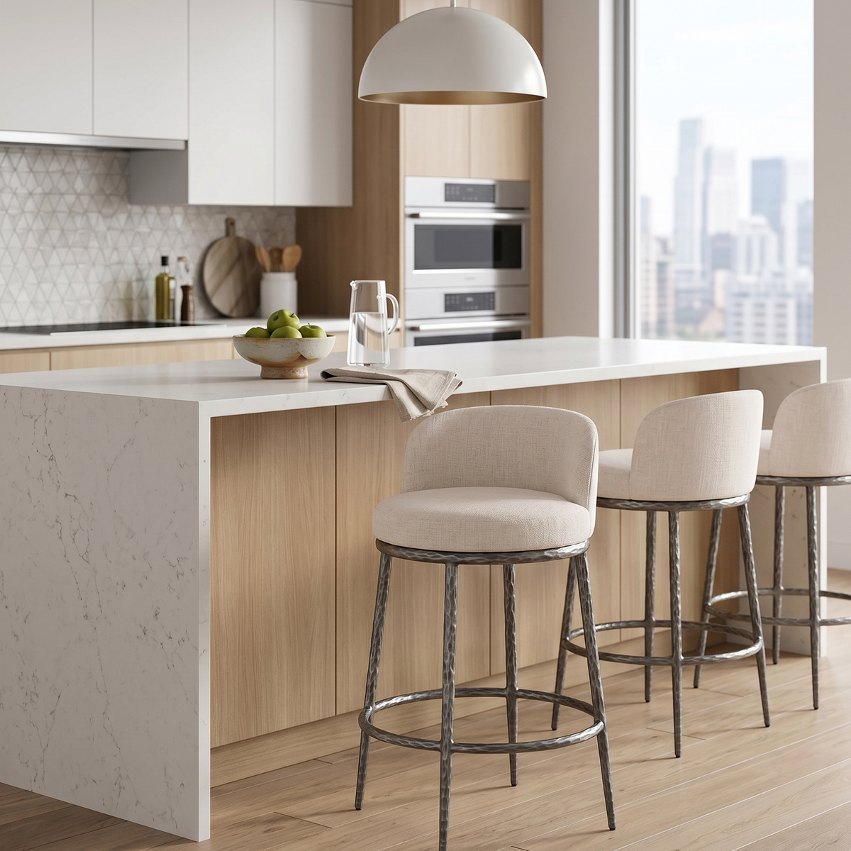 Rilva Contemporary Gunmetal Counter Height Stool with Linen White Fabric