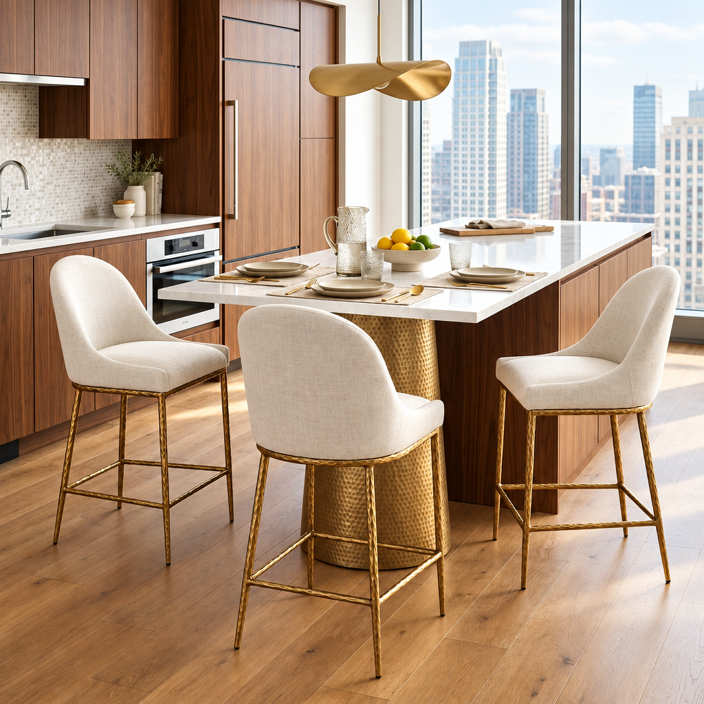 Rilva Matte Gold and White Counter Height Stool | Contemporary Metal Bar Stool | MidinMod