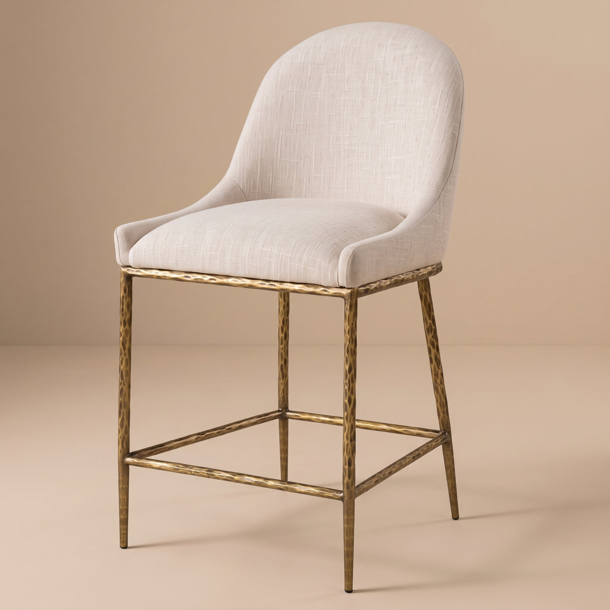 Rilva Contemporary Matte Gold and White Counter Height Stool with Linen White Fabric