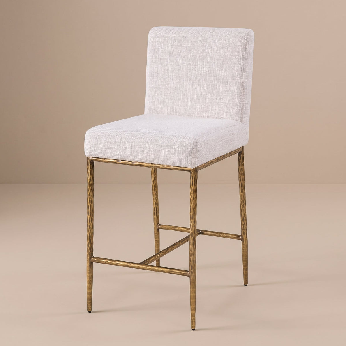Rilva Contemporary White and Matte Gold Counter Height Stool with Linen White Fabric