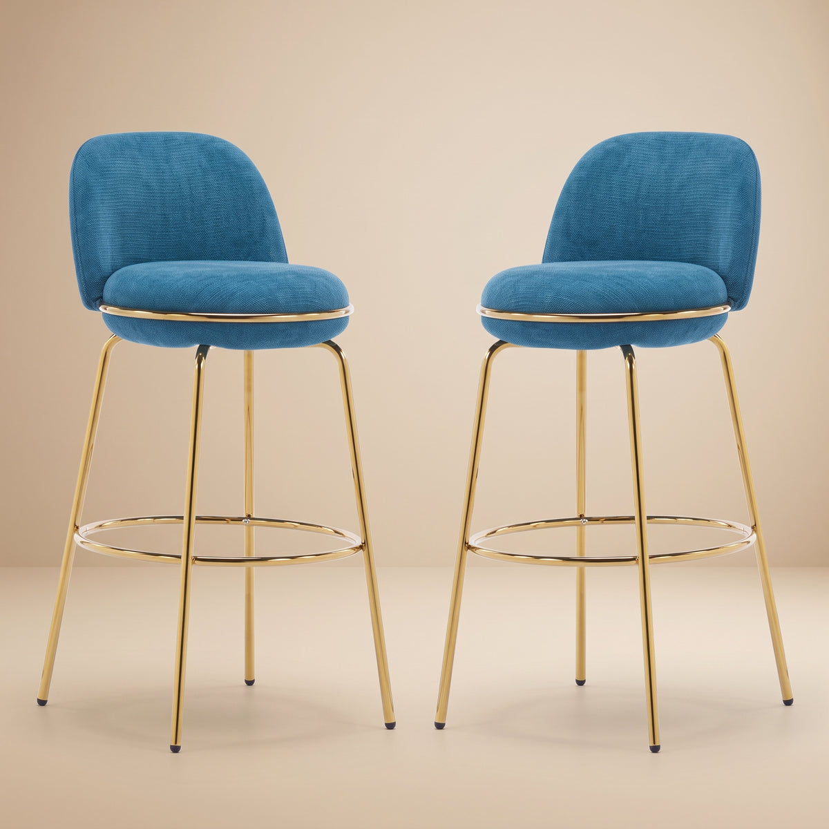 Rio Claro Indoor Metal Upholstered Barstool with Gold Finished Frame and Blue Upholstery, Set of 2