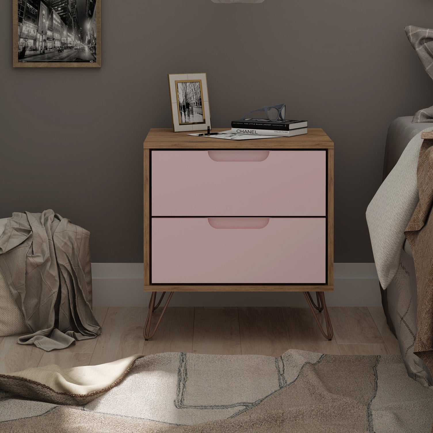 Rockefeller Nightstand 2.0 in Nature and Rose Pink | Modern Mid-Century Bedside Table | MidinMod