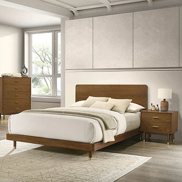 Romford Walnut Queen Bed | Mid-Century Modern Wood Platform Bed with Gold Accents | MidinMod