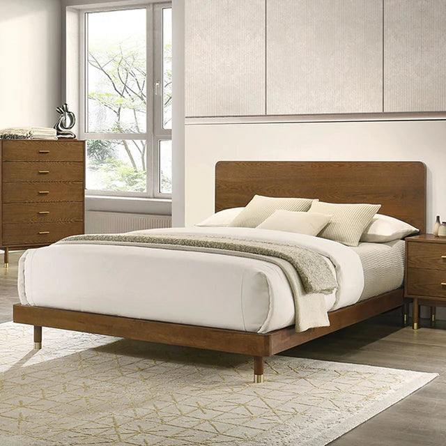 Romford Walnut Queen Bed | Mid-Century Modern Wood Platform Bed with Gold Accents | MidinMod