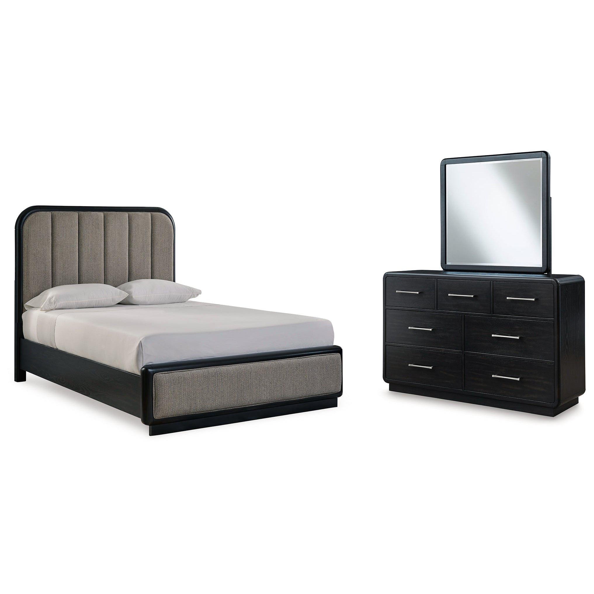 Rowanbeck Queen Upholstered Panel Bed with Mirrored Dresser