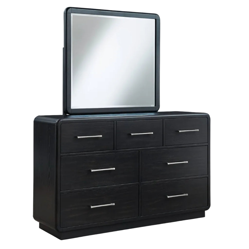 Rowanbeck Queen Upholstered Panel Bed with Mirrored Dresser