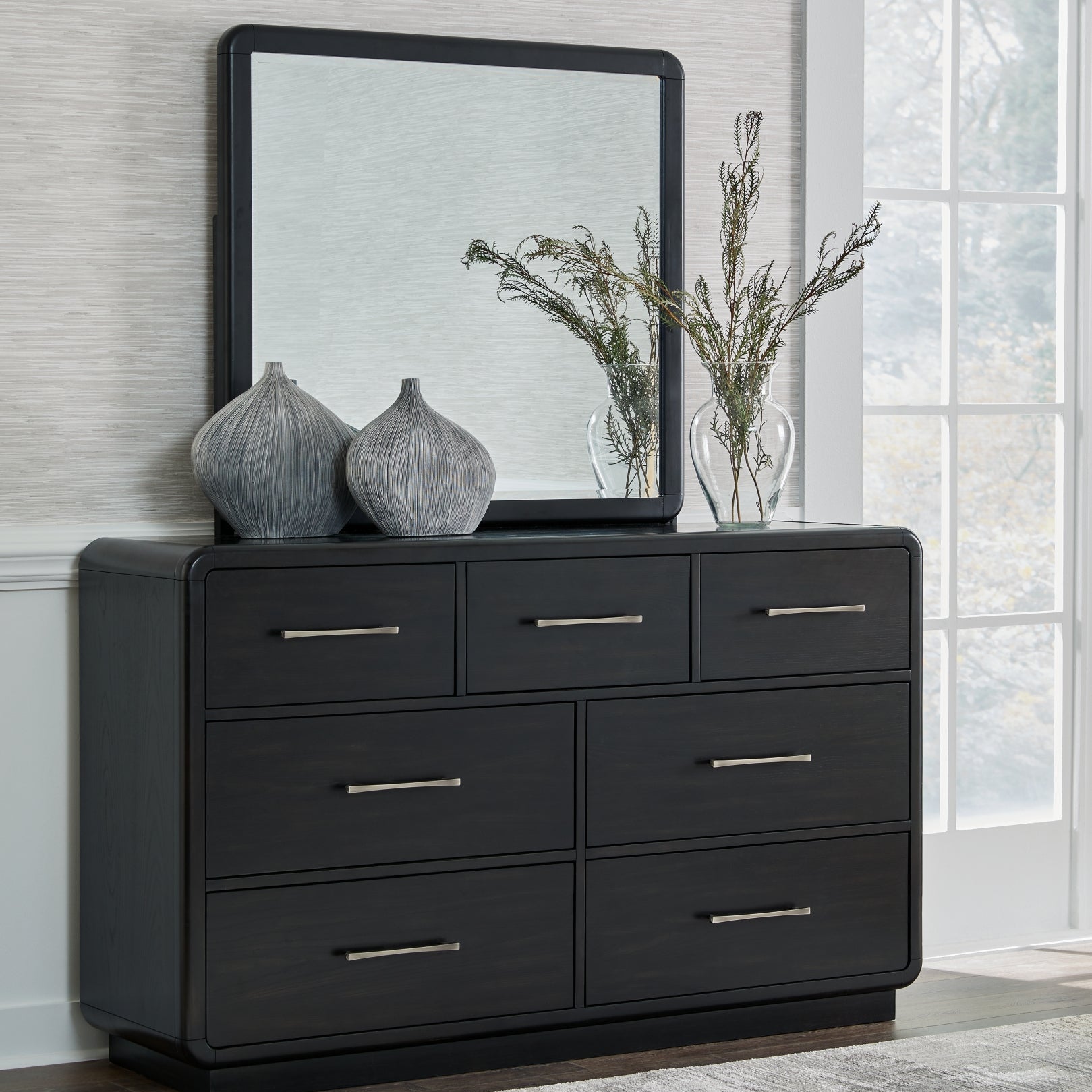 Rowanbeck Queen Upholstered Panel Bed with Mirrored Dresser