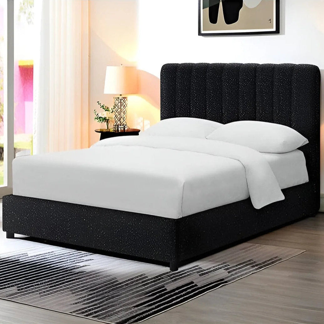 Traverso Black Queen Bed | Contemporary Boucle-Chenille Vertical Channel Bed Frame | MidinMod
