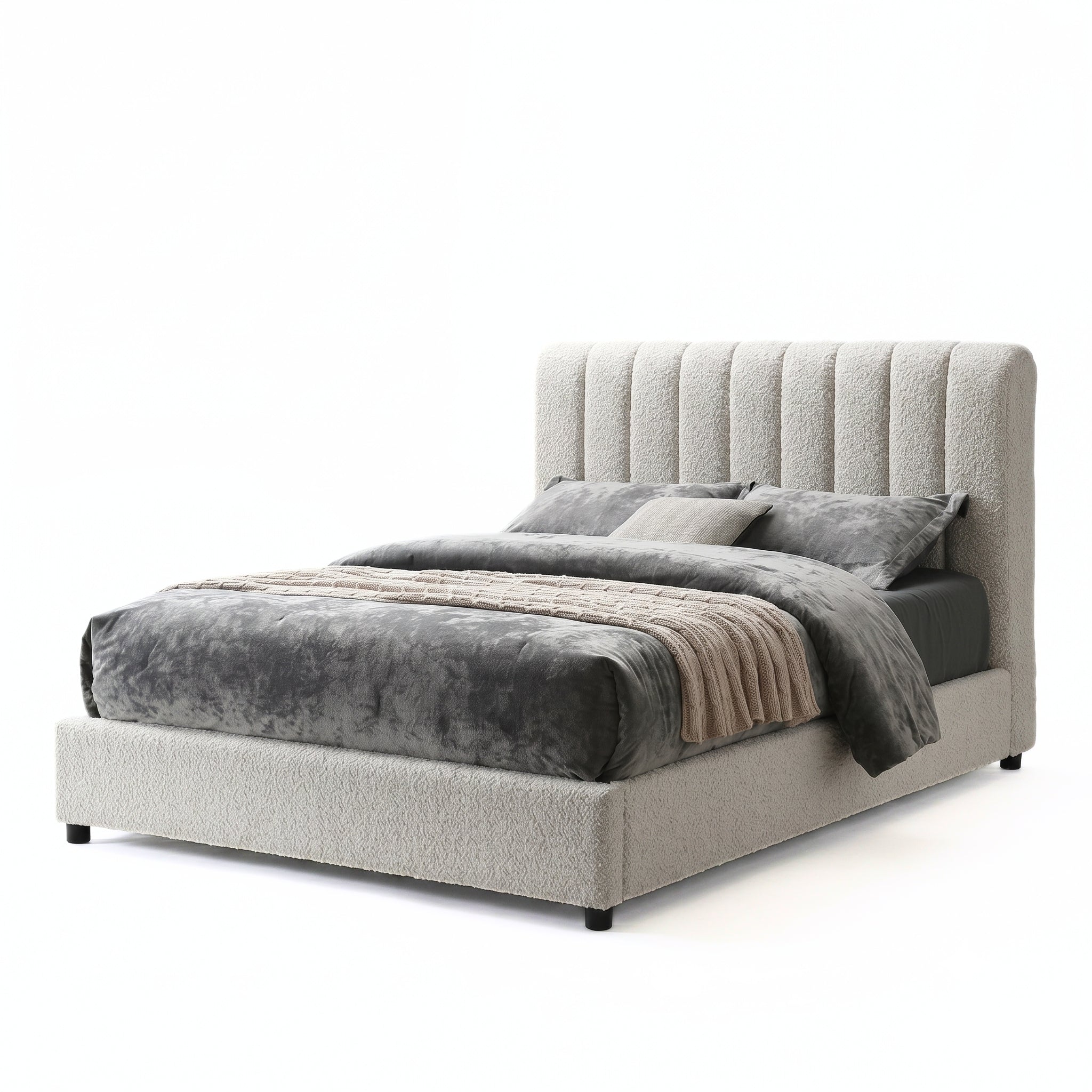 Traverso White Eastern King Bed | Contemporary Boucle Platform Bed | MidinMod