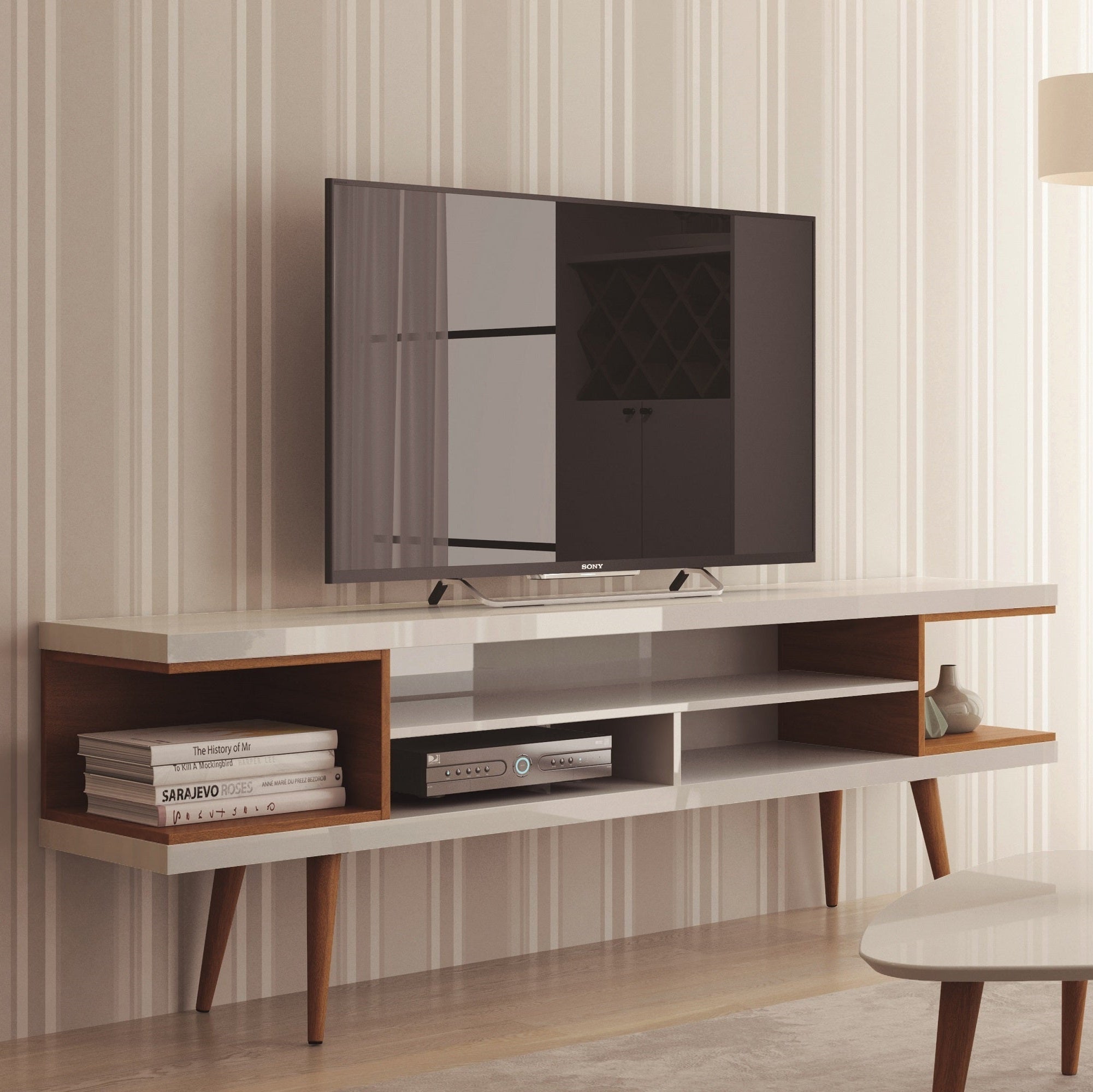 Utopia 71" TV Stand | Modern White & Maple Cream Media Console | MidinMod