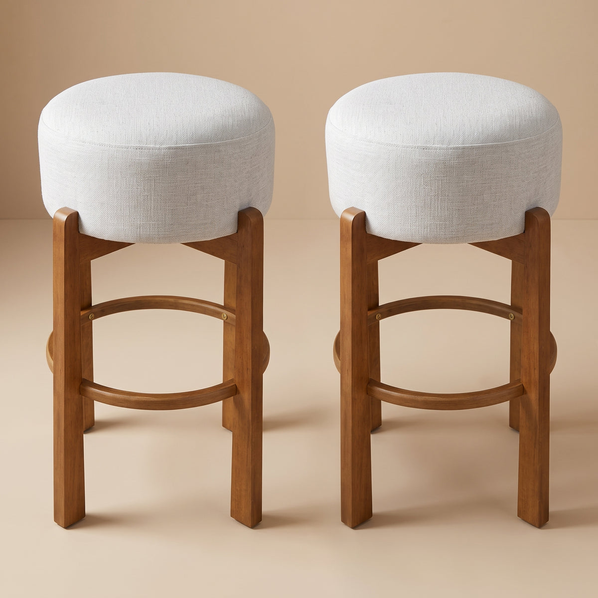 Vera Indoor Wooden Upholstered Barstool, Walnut Finish and Ivory Upholstery, Set of 2