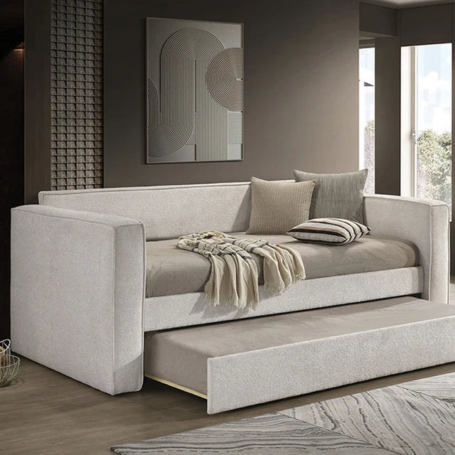 Walsall Pearl White Twin Daybed with Trundle | Contemporary Upholstered Fabric Daybed | MidinMod