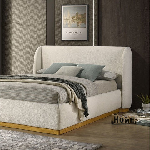 Whitman White Boucle Eastern King Bed | Contemporary Natural Oak & Gold Wingback Bed | MidinMod