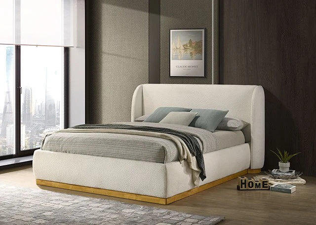 Whitman White Boucle Eastern King Bed | Contemporary Natural Oak & Gold Wingback Bed | MidinMod