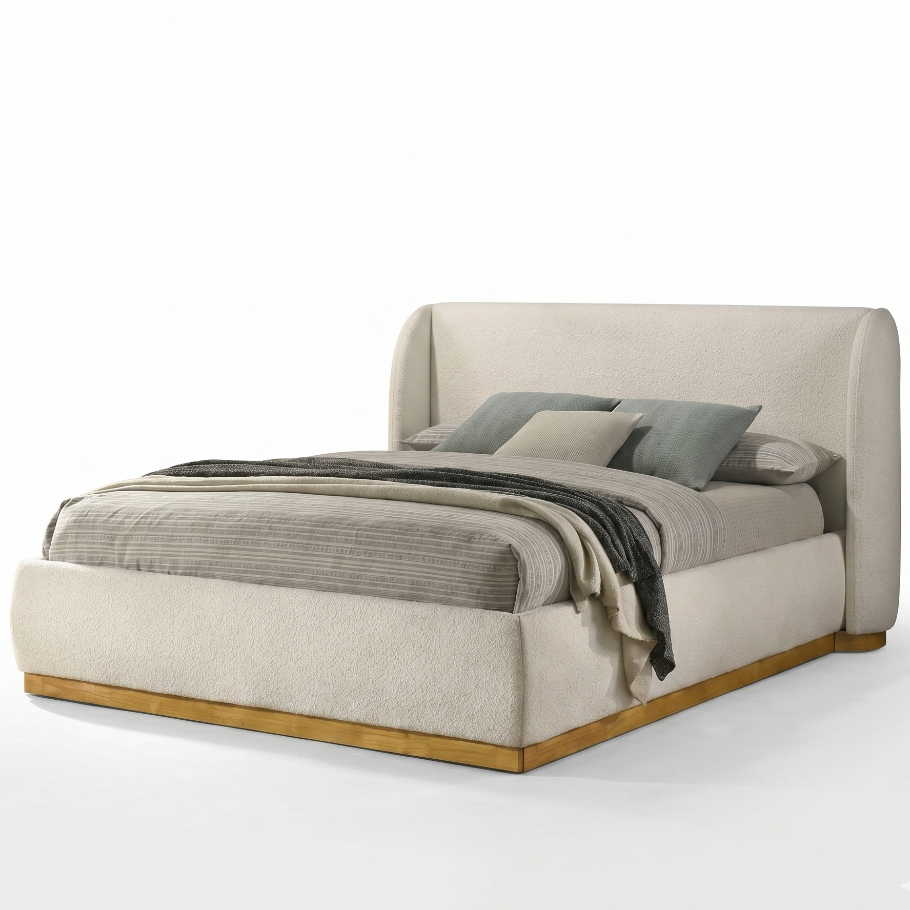Whitman White Boucle Eastern King Bed | Contemporary Natural Oak & Gold Wingback Bed | MidinMod