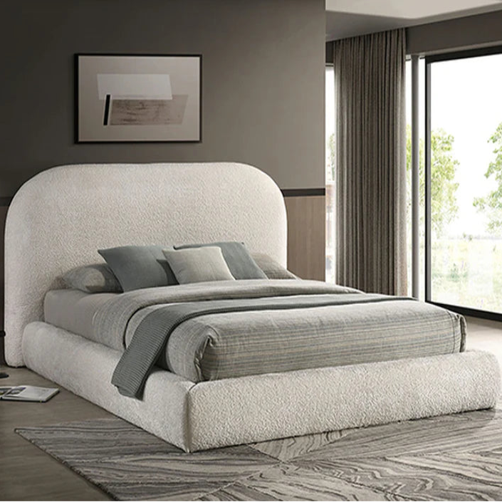 Whitnash Ivory White Queen Bed | Contemporary Round Profile Upholstered Platform Bed | MidinMod
