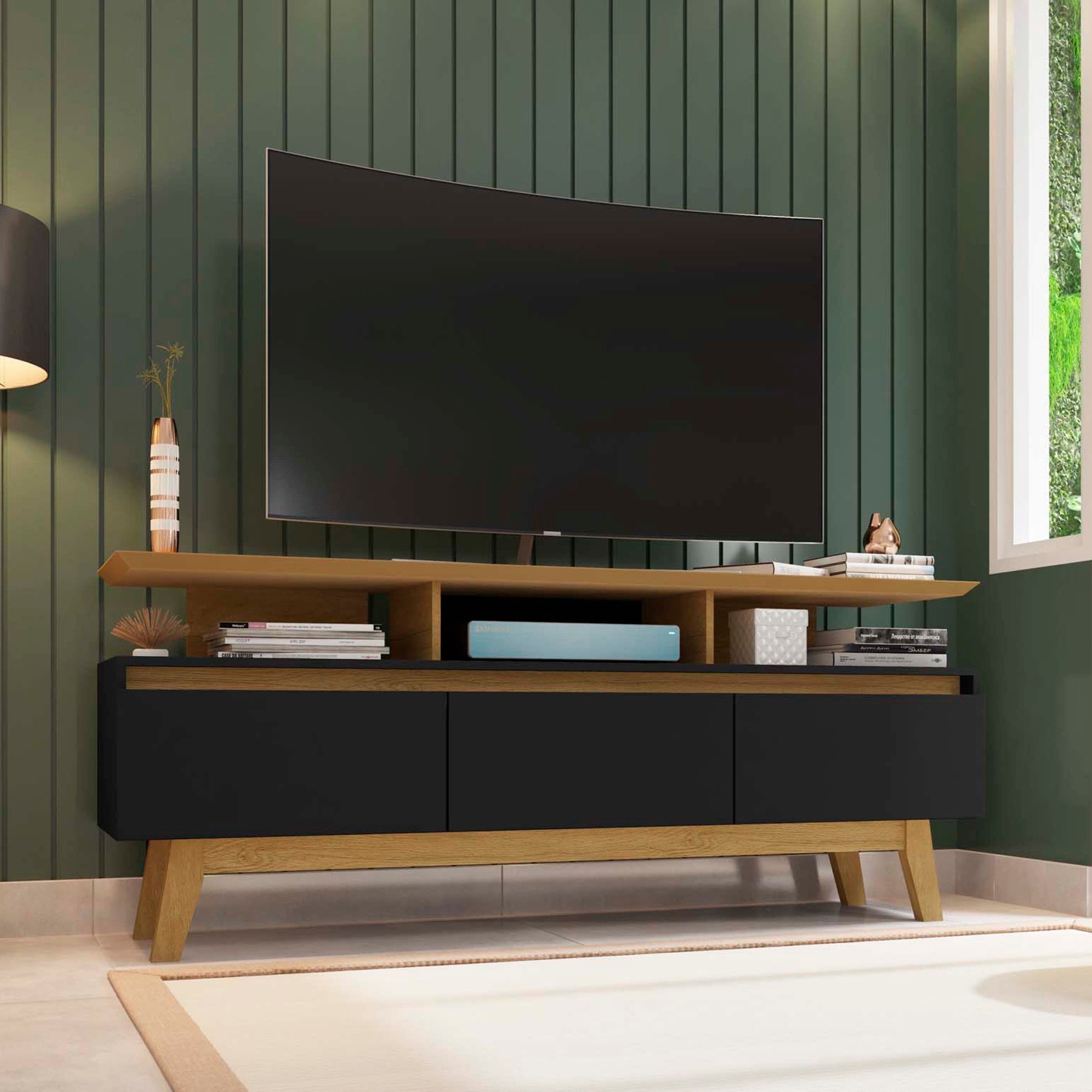 Yonkers Modern Black Solid Wood TV Stand | Streamlined Media Console | MidinMod
