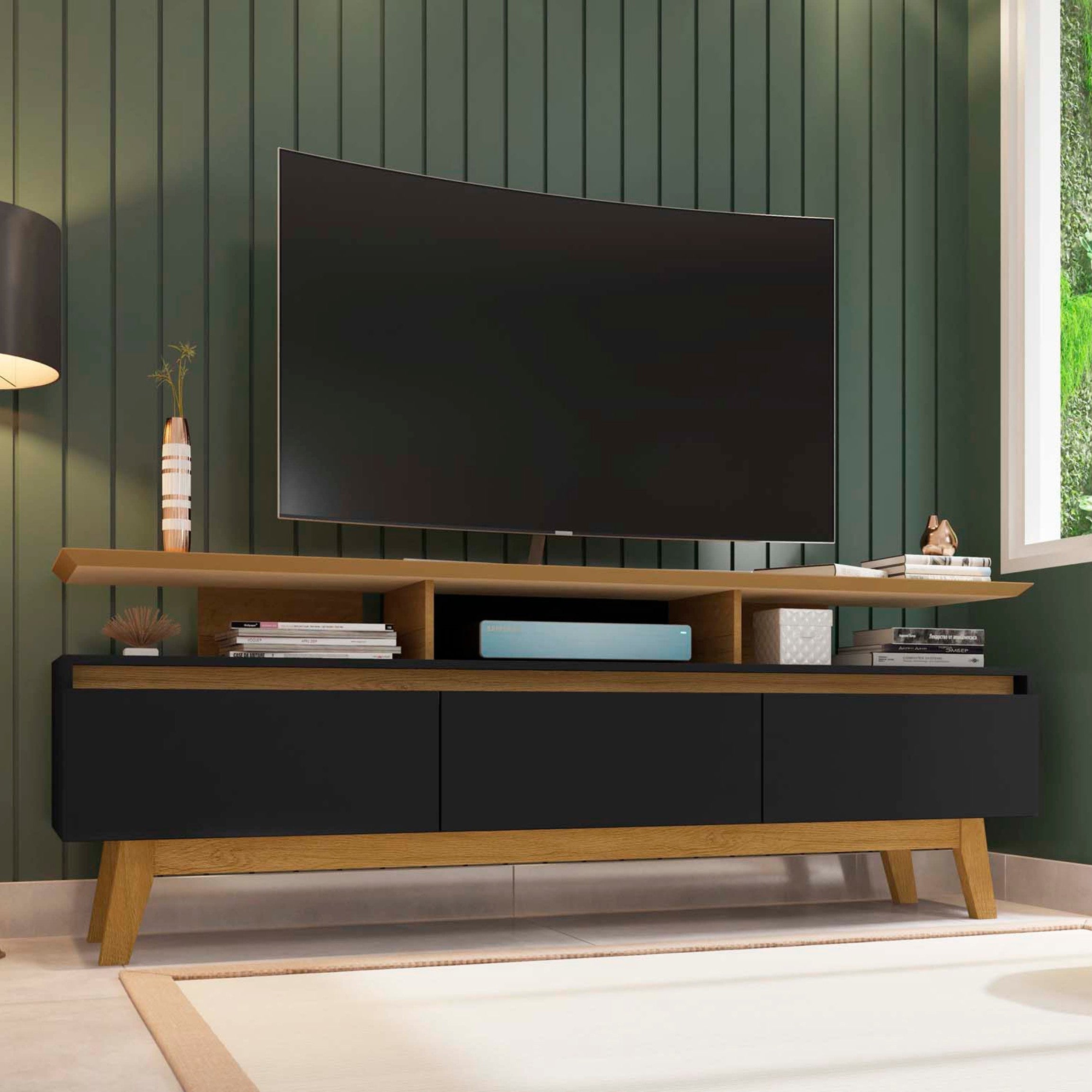 Yonkers Modern Black Solid Wood TV Stand | Streamlined Media Console | MidinMod
