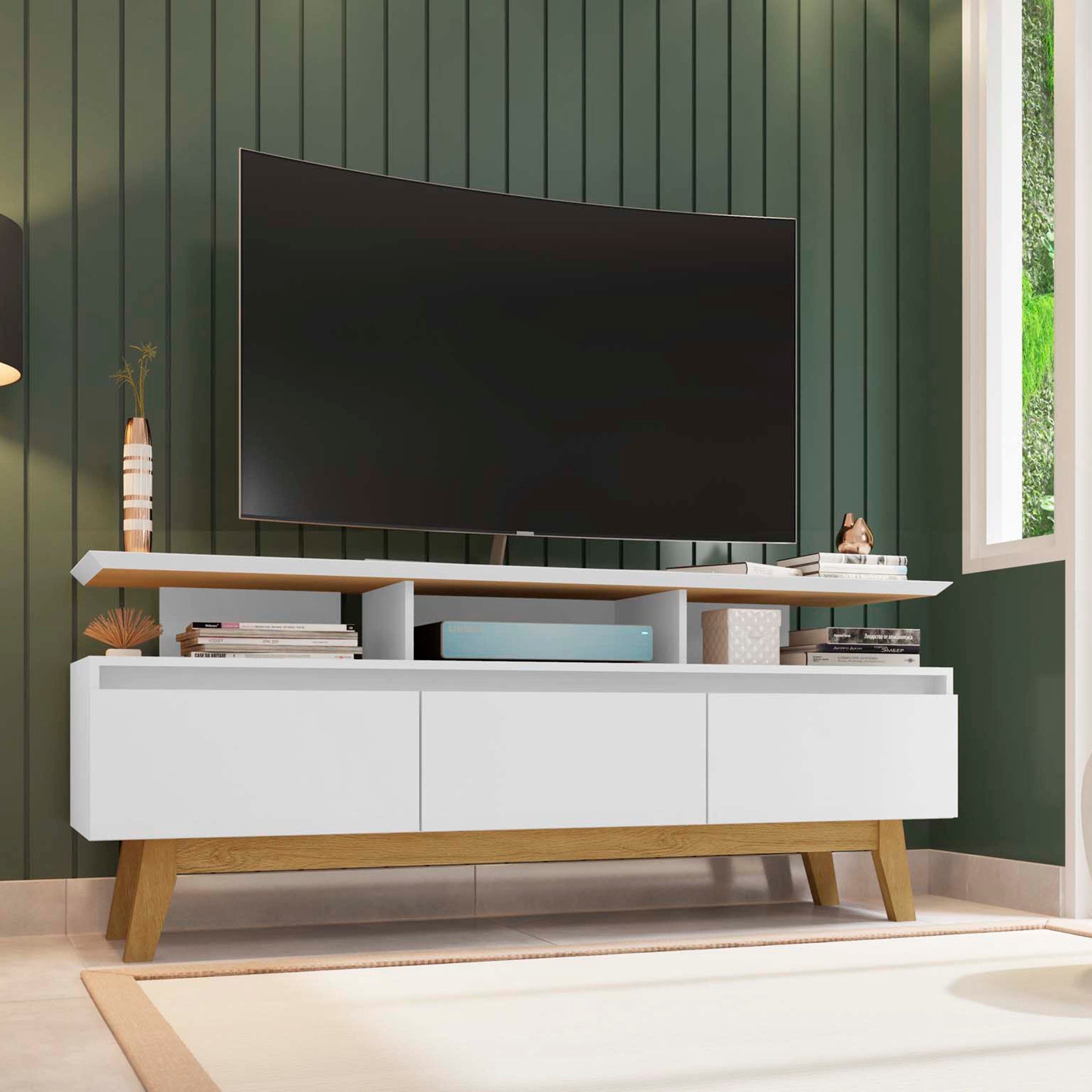 Yonkers Modern White Solid Wood TV Stand | Streamlined Media Console | MidinMod
