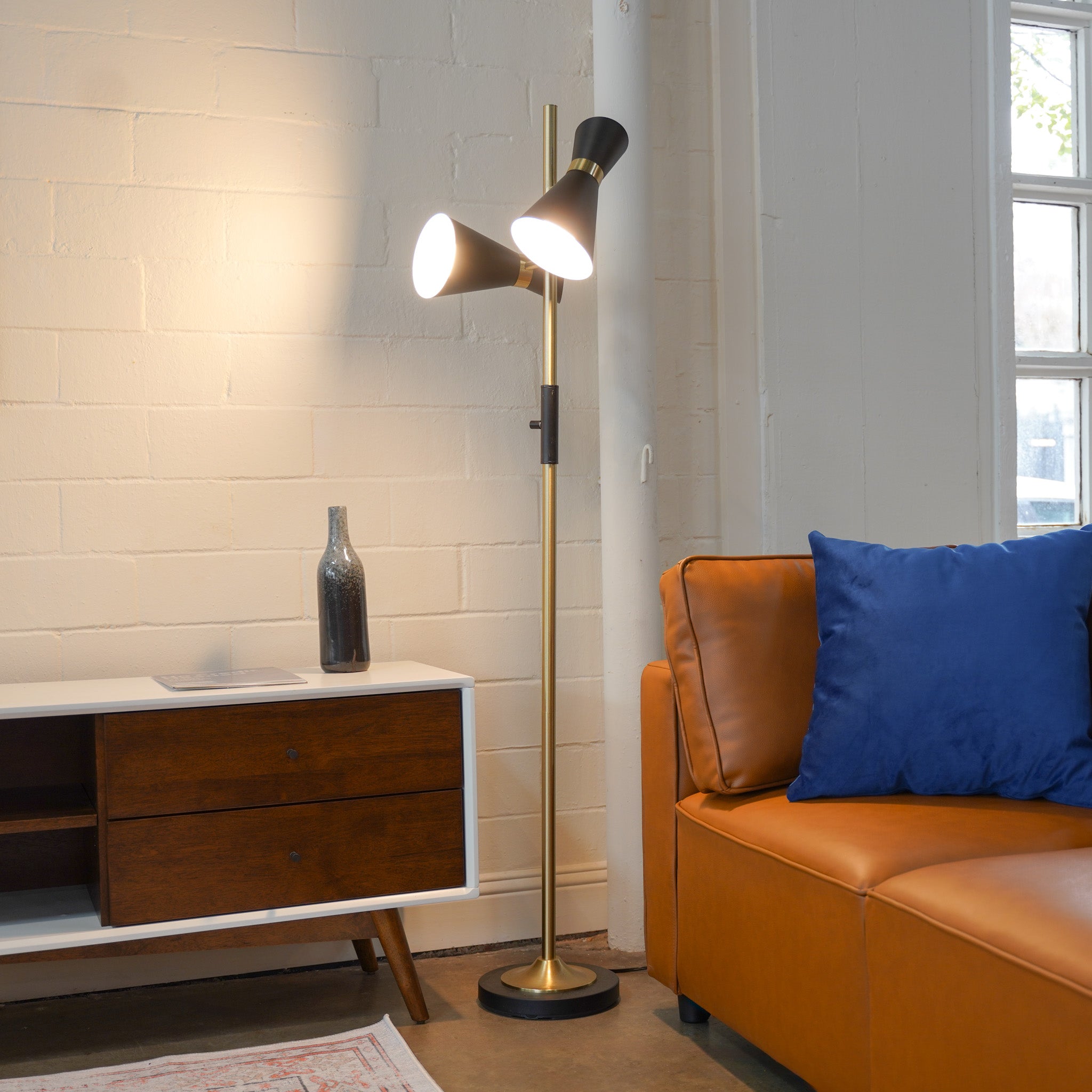 Axis Brassed Gold Floor Lamp with 4-Way Switch Double Spots with Metal Base - MidinMod