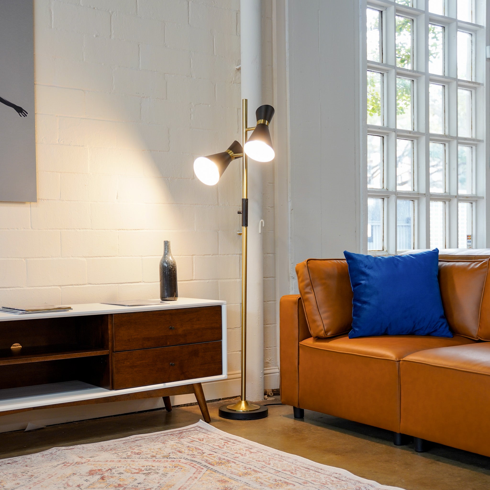 Axis Brassed Gold Floor Lamp with 4-Way Switch Double Spots with Metal Base - MidinMod